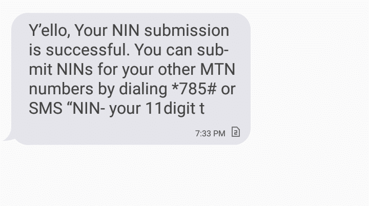 MTN NIN submission verified and linked