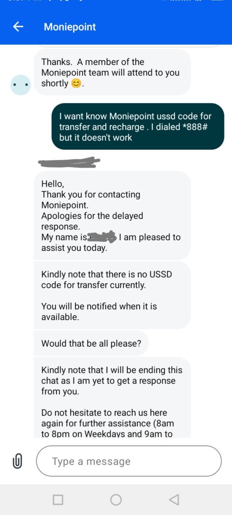 Truth about Moniepoint ussd code from customer service chat on Moniepoint App